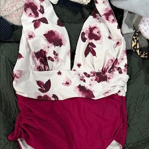 SHEIN Floral One Piece Swimsuit - Burgundy and White